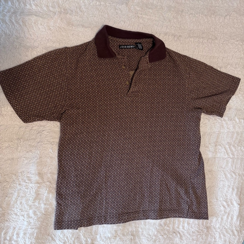 John Henry Geometric Polo Shirt Brown Short Sleeve Cotton Blend Size Medium